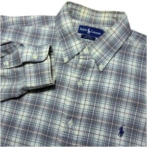 Vintage Ralph Lauren Large Blake Flannel Beige Gray Button Down Long Sleeve Shir